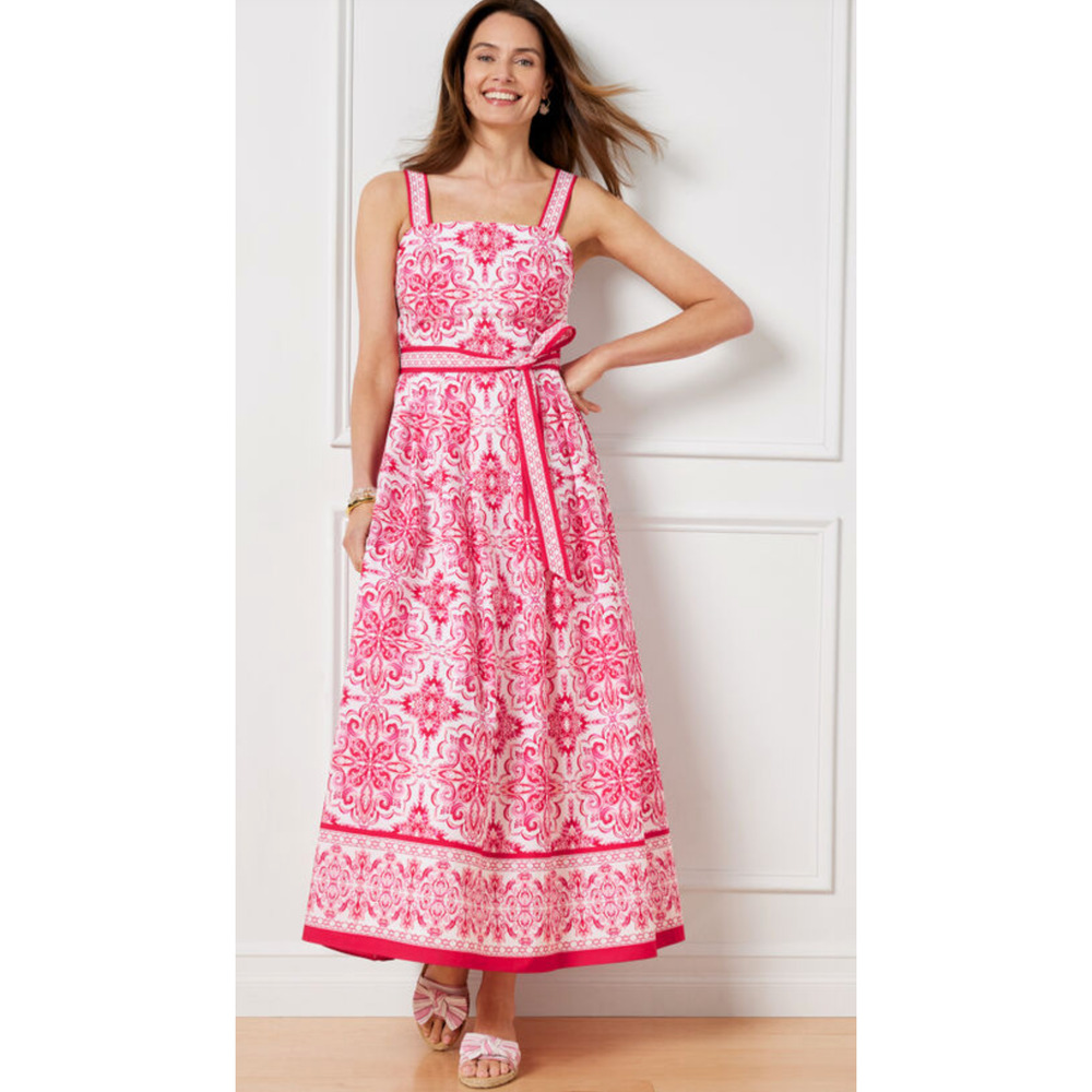 NWT TALBOTS PINK WHITE TIE WAIST ELEGANT MEDALLION MAXI DRESS PLUS SIZE 14